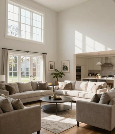 A stunning, sun-drenched photography of a clutter-free North American living room in Bucks County, Pennsylvania. The space is immaculately clean, featuring high ceilings and modern furniture. The mood is welcoming and reflects meticulous craftsmanship in home care.