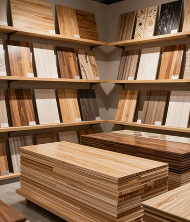 Professional wide shot of a modern, organized plywood and laminate showroom in Bhopal. Stacks of high-quality wood and displays of decorative laminates are visible under warm, premium lighting. South Asian / Indian setting.