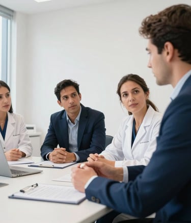 A South American / Brazilian pharmaceutical team in a professional and calm discussion within a bright, minimalist office space. The scene uses white and dark blue corporate tones to convey trust and professionalism.