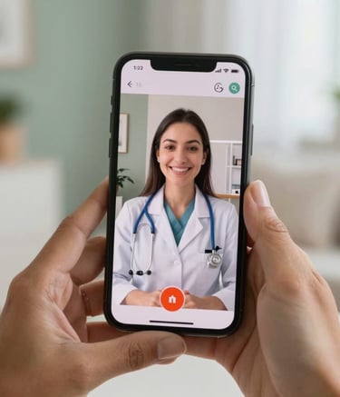 A detailed close-up shot of a smartphone screen showing a clear video call interface with a health professional, held by hands in a bright, comfortable South American / Brazilian home setting. Soft sage green and white tones in the background.
