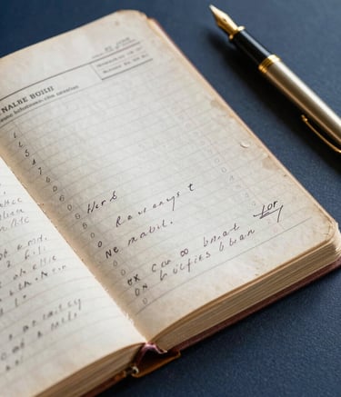 A close-up photograph of weathered, vintage ledger books with handwritten entries, resting on a dark navy blue surface next to a gold-trimmed fountain pen, evoking a sense of heritage and meticulous record-keeping.