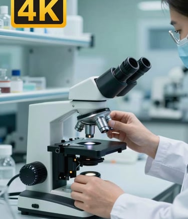 A clean, clinical photograph of a high-tech laboratory environment with teal green accents, focusing on a researcher's hands adjusting a microscope, symbolizing scientific discovery and authority.