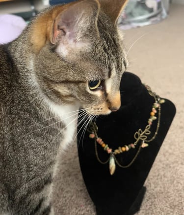 tabby cat sitting in front of a black necklace holder, necklace has leaf motif, stones, draped chain