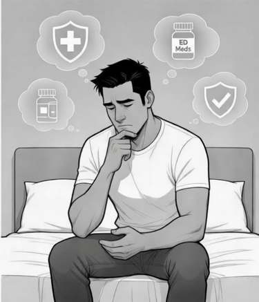 a cartoon made with Erectile dysfunction option in bubbles above