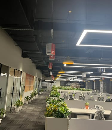 a large open area with tables and chairs