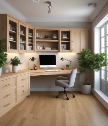 brown wooden desk near white wall