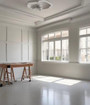 A construction or renovation site is visible, featuring metal scaffolding on a tiled floor. In the background, there's an open window allowing natural light to brighten the area. Cardboard boxes are placed on a surface, hinting at ongoing work. Electrical cables are scattered on the floor, and a cutout in the wall appears to be an unfinished part of the project.