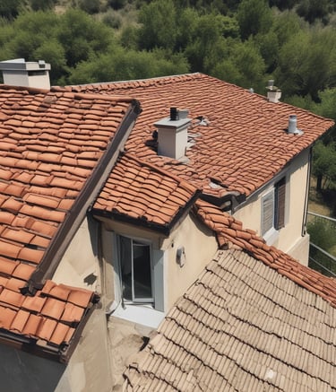 A roof covered with uniform, dark-colored tiles featuring a single red metal vent pipe protruding from the surface. Some tiles around the pipe are missing or displaced, revealing the underlying structure.