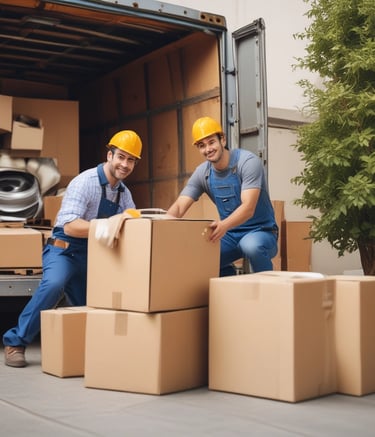 Two individuals are unloading or loading a stack of boxes from the back of a trailer or truck. The trailer has the word 'PETTER' written on its side. One person stands inside the trailer while the other is outside arranging the boxes on a cart.