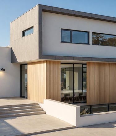 Modern two-story house with minimalist architecture, wood paneling, and a stone patio under a clear blue sky.