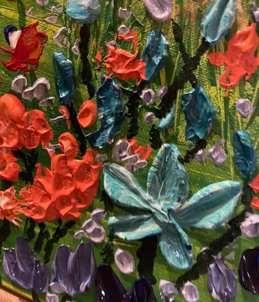 une peinture en gro plan avec des fleurs au couteau