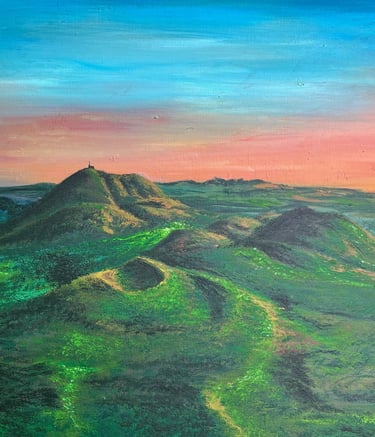 une peinture de montagne avec un coucher de soleil