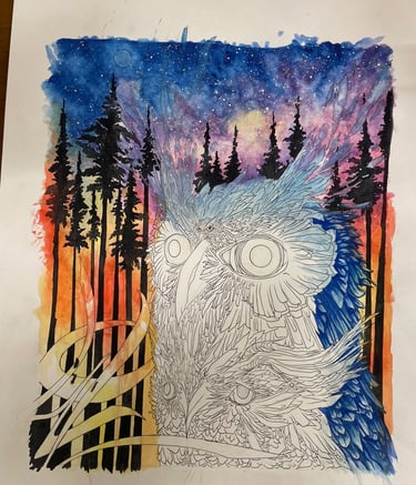 le croquis d'une peinture de chouette a l'aquarelle