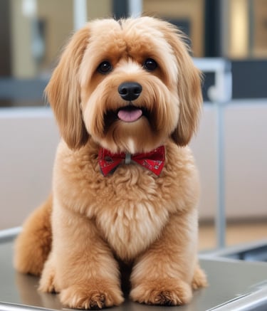 Woman works on laptop with dog in a cozy bedroom.