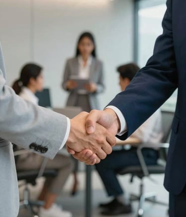 Professional photography of a handshake between two professionals in a clean, modern Brazilian office. The focus is sharp on the connection, with a blurred background showing a collaborative team. Lighting is warm and encouraging. Colors include medium blue and light gray.