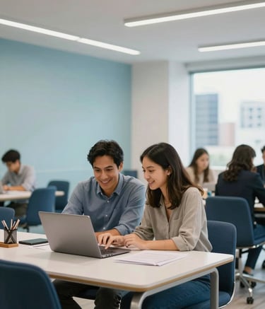 A wide photography shot of a bright, modern co-working space in a South American city. A mentor and a young professional are reviewing a career plan on a laptop, both appearing optimistic. The lighting is soft and professional. Accents of light blue and dark blue are visible in the decor.