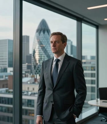 A professional investigator in a sharp business suit standing in a modern British / UK high-rise office. Through the glass, the London skyline is visible during a clear day. The interior features Dark Charcoal and Pale Mist accents, conveying trust and corporate power.