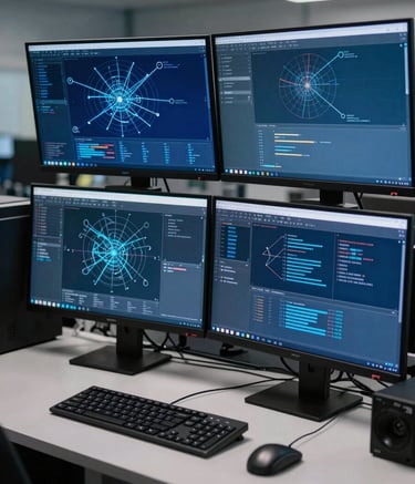 A sophisticated digital forensics workstation in a British / UK secure facility. Large monitors display intricate network maps in Deep Steel Blue and Muted Denim Blue. The lighting is focused and professional, highlighting a workspace that exudes modern efficiency and investigative authority.