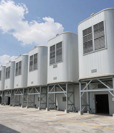 Wide shot of a massive, sterile industrial cold storage warehouse in Mexico, featuring organized steel racking and high-performance refrigeration vents, illuminated with professional sky blue and cloud white lighting.