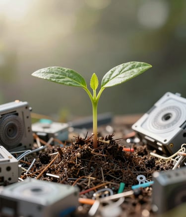 A symbolic photograph of a small green plant sprout growing out of a bed of discarded computer components, under bright morning sunlight, highlighting environmental hope.