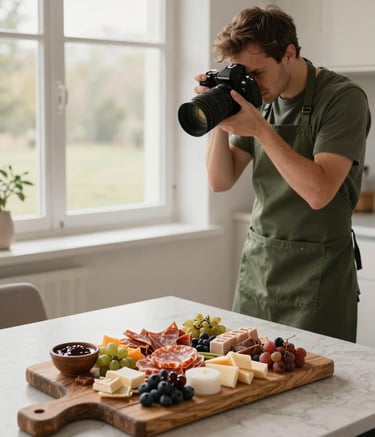 A professional photographer in a Matte Forest Green apron capturing a high-angle shot of a rustic charcuterie board. Soft natural morning light coming from a large window. Scandinavian minimalist kitchen setting with Crisp Parchment walls.