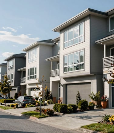 Wide shot of a modern residential neighborhood in North Vancouver, British Columbia. Clean architectural lines and bright daylight reflect a high standard of living and reliable local service. Photography style is crisp and professional.