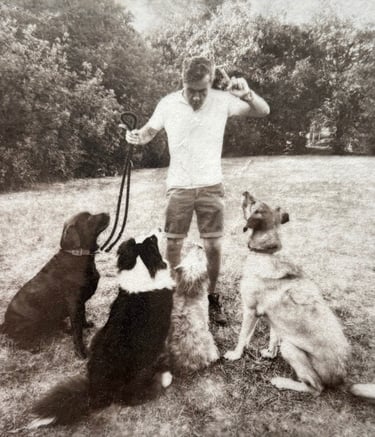 Silver and Platinum photograph a man standing in the grass with a group of dogs, pets