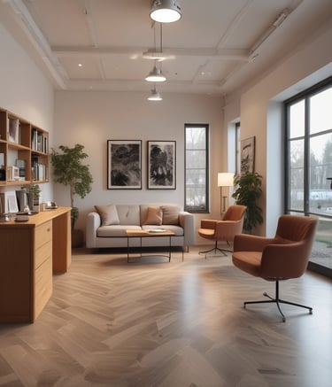 A professional consultation setting with a medical professional sitting at a desk facing a client. The room has a modern aesthetic with white walls decorated with framed certificates. The desk is organized with office supplies, a laptop, and a fruit bowl in the center.