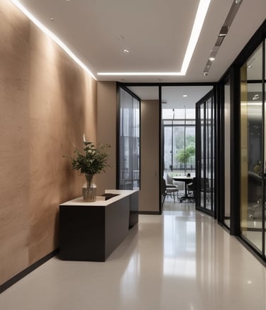 A minimalist interior design features a wooden table with a dark placemat, a glass vase holding green pine branches, a tall glass candle holder without a candle, and two modern overhead pendant lights. The background includes a dim, softly lit room with a blue curtain covering a window.