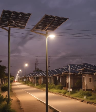 Several wind turbines are positioned in a vast open field, with the sun partially obscured by one of the turbine blades. The sky is dotted with scattered clouds, allowing beams of sunlight to break through. The landscape appears serene and expansive, with the focus on renewable energy sources.