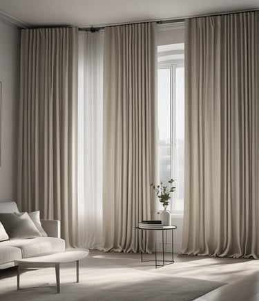 A set of floor-length curtains with a geometric pattern hangs in front of a window. The curtains are made of a semi-transparent fabric allowing diffused light to pass through, creating shadows on the floor.