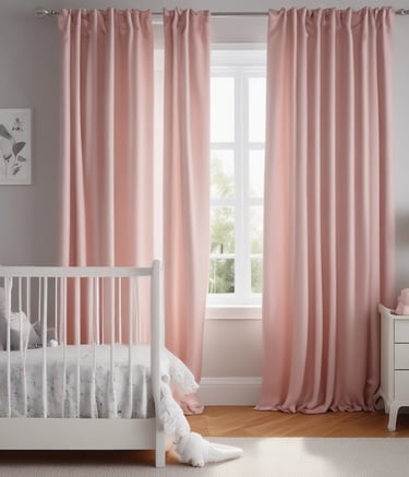 A vibrant, patterned curtain with red and white floral designs hangs on a window. The sunlight filters through the fabric, creating a warm glow. Behind the curtain, green potted plants rest on a windowsill, and a garden can be seen outside. A red velvet pillow and a dark-colored bedspread are visible in the lower part of the image.