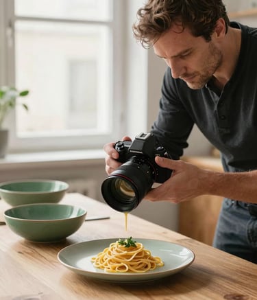 A professional European / French photographer in a bright, modern studio, meticulously setting up a food shoot. The scene shows a plate of artisanal pasta on a light wood table, with matte forest green ceramic bowls in the background. Soft, natural light from a large window.