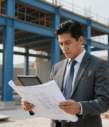 An architect in professional attire looking at blueprints on a digital tablet at an active construction site. Soft daylight highlights the dark slate and steel blue structure in the background. Latin American / Spanish setting.