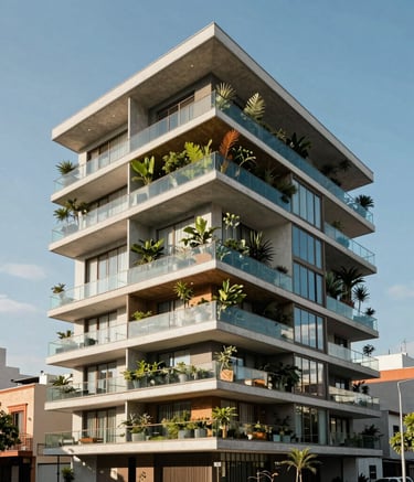 A professional shot of a contemporary residential apartment building with elegant glass balconies and integrated vertical gardens. The scene is set in a vibrant Latin American / Spanish neighborhood during a clear day with ice blue sky tones.