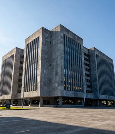 A wide-angle professional photograph of a large, modern government building featuring sharp geometric lines and concrete textures, set in a bright Latin American / Spanish urban plaza. The lighting is crisp afternoon sun, highlighting shades of steel blue and blue grey.