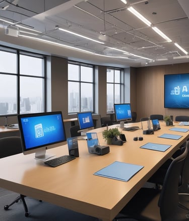A conference room setting with several laptops on a large table, each being used by a person.