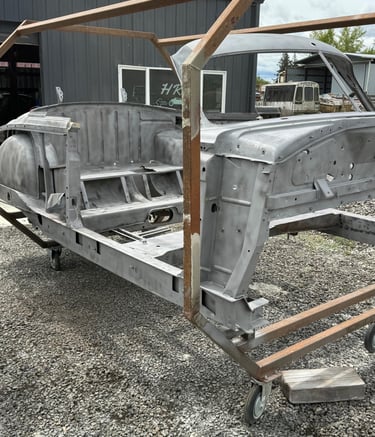 1950 Hudson getting a fresh blast before paint and body work.