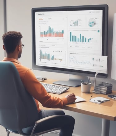 A workspace featuring a keyboard, mouse, monitor, and a tablet displaying icons for design software such as Photoshop, Premiere, After Effects, Illustrator, and Audition. A book titled 'Graphic Design Play Book' is positioned next to a plant, and a pink transparent container is near the monitor.