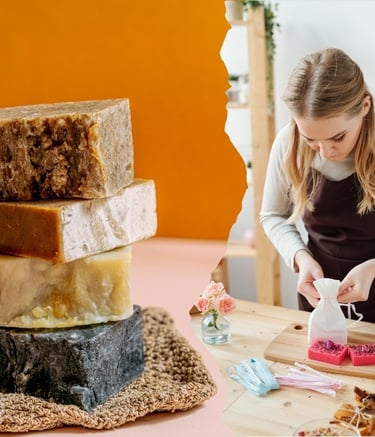 a woman in a apron is cutting a cake