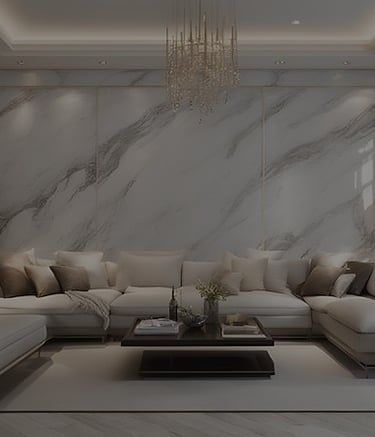 Luxury modern living room with a large white sectional sofa, marble wall paneling, and a crystal chandelier.