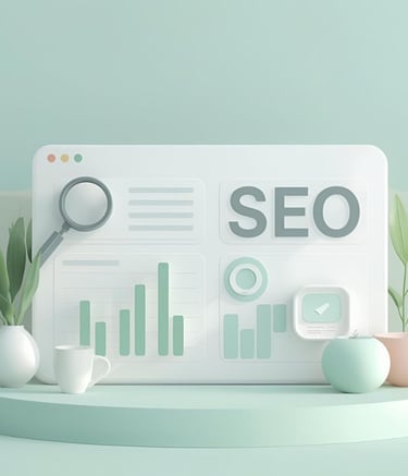 Abstract 3D SEO dashboard illustration with analytics icons and soft pastels.
