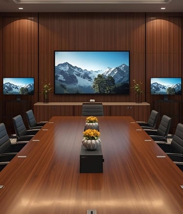 Professional conference room setup with multiple monitors and presentation screens.