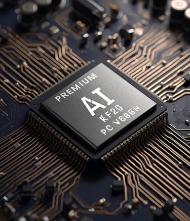 Close-up macro of a premium microchip and circuit board suggesting AI processing.