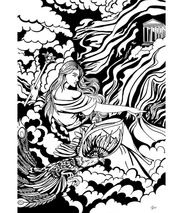 Un dessin digital d'Hera en noir et blanc 