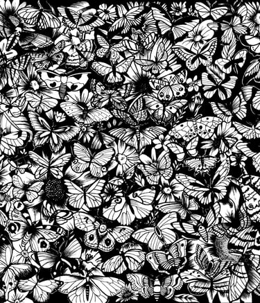 un dessin en noir et blanc d'un bouquet de papillons