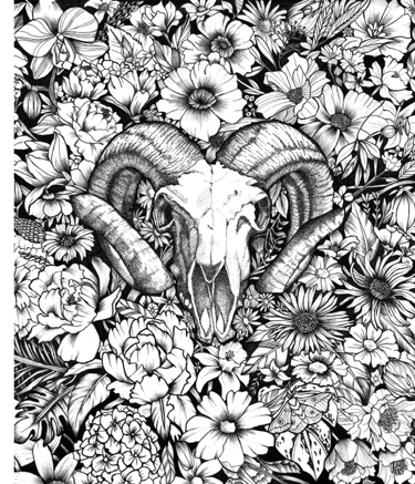 Un dessin en noir et blanc représentant des fleurs et un crâne de bélier 