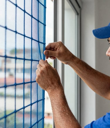 A close-up photograph of a professional technician's hands securing a high-quality nylon safety net on a window frame in a Rio de Janeiro residence. The lighting is bright and natural, highlighting the strength and durability of the medium blue mesh. The setting is clean and modern, conveying professional reliability.