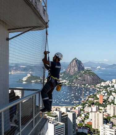 A professional installation of a safety net on a high-floor apartment balcony in Rio de Janeiro, overlooking the city skyline under a clear sky blue atmosphere. A technician in a professional uniform is finishing the work, showcasing a safe and modern environment for families.
