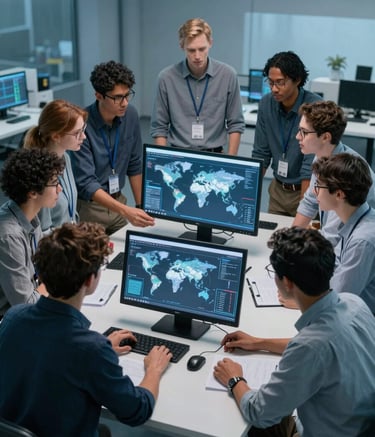 A high-angle photography shot of a diverse group of engineers in a high-tech studio with soft light blue ambient lighting, collaborating around a sleek digital workstation. International / Global. The atmosphere is professional, innovative, and focused.